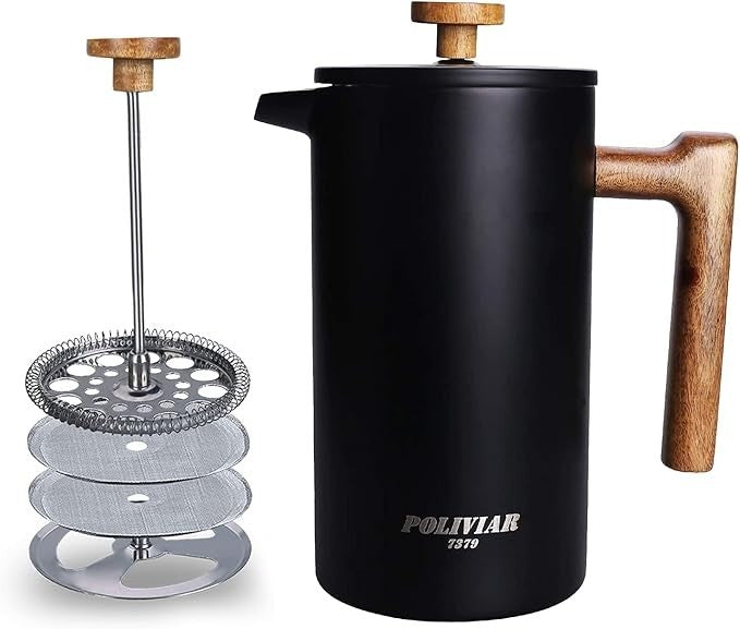 34oz French Press Coffee Maker, Wood Handle, Double Wall Steel