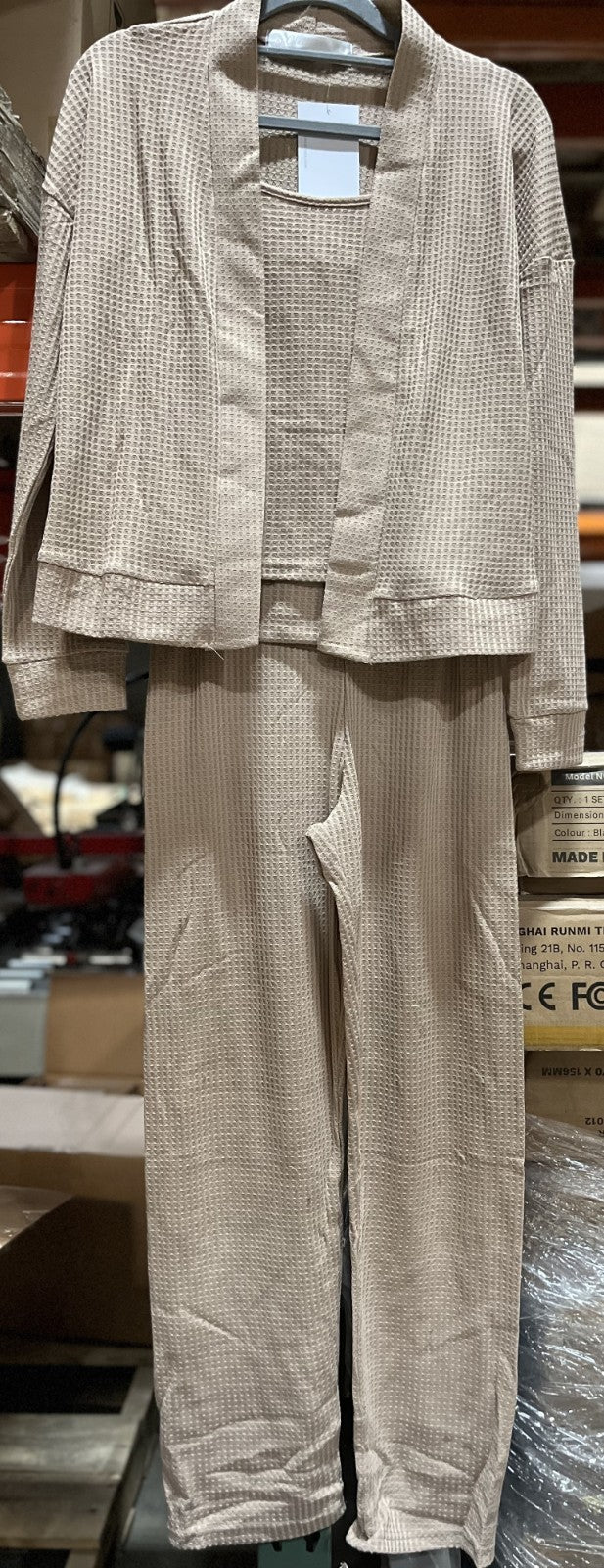 Women’s 3-Piece Knit Pajama Set – Shadow Beige, Size S