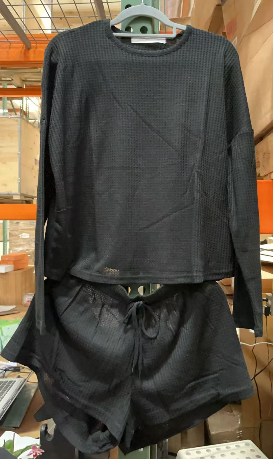 Women's Knit Pajamas Set, Long Sleeve Top and Pajama Shorts,Color:Black,Size:XL.