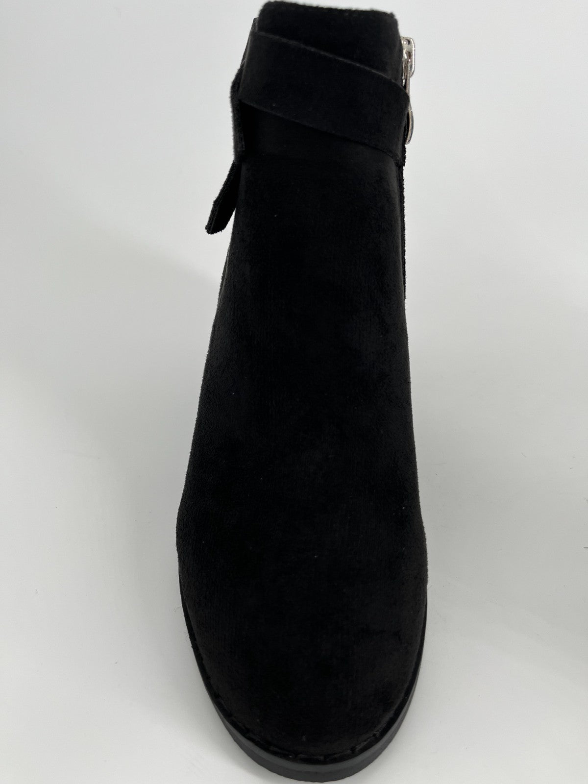 Women’s Black Suede Ankle Booties, Chunky High Heel, Side Zipper, Size 7