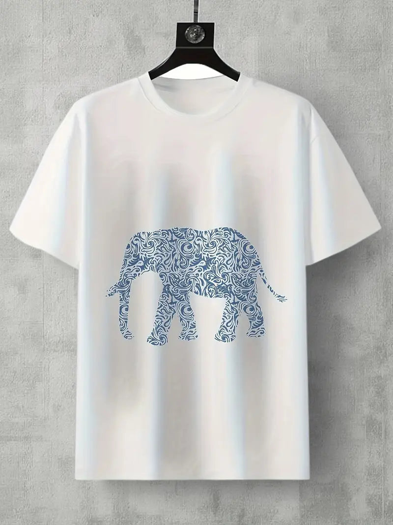 Custom en's Soft White Cotton T-Shirt with Intricate Elephant Design