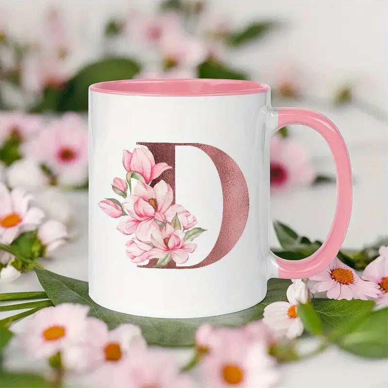 Custom Floral Alphabet Mug – 11oz Pink & Gold Ceramic Gift Cup