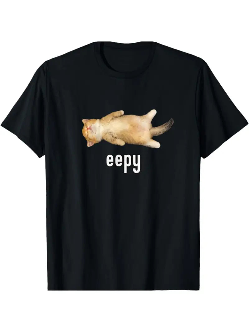 Custom en's "EyeP" Sleeping Cat Graphic T-Shirt - Soft Cotton, Black Crew Neck