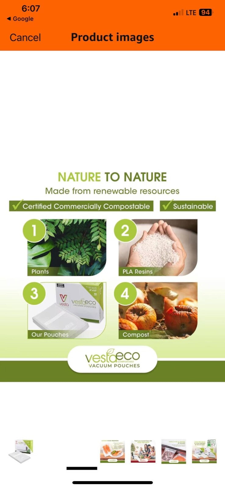 VestaEco Commercially Compostable Vacuum Seal Bags - Embossed - 8 x 10 Inches -