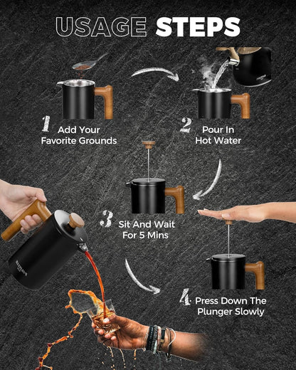 34oz French Press Coffee Maker, Wood Handle, Double Wall Steel