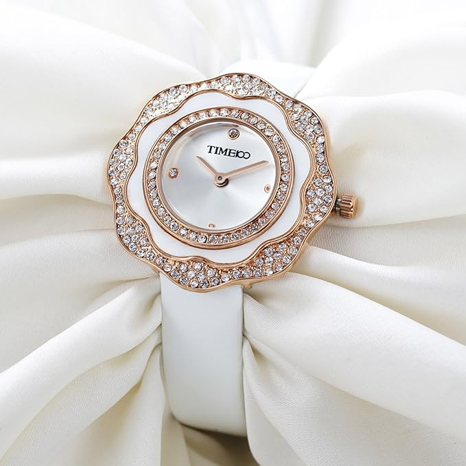 Women Leather Band Wrist Watch, Plum-Shaped Pearl Bezel Diamond-Set Waterproof Q