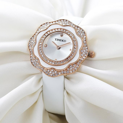 Women Leather Band Wrist Watch, Plum-Shaped Pearl Bezel Diamond-Set Waterproof Q