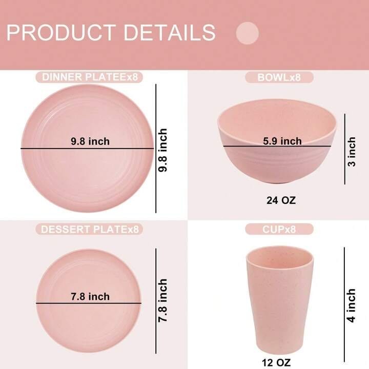 Pink Dishes For 4, Plates And Bowls Sets, Reusable Plastic Plates, Microwave