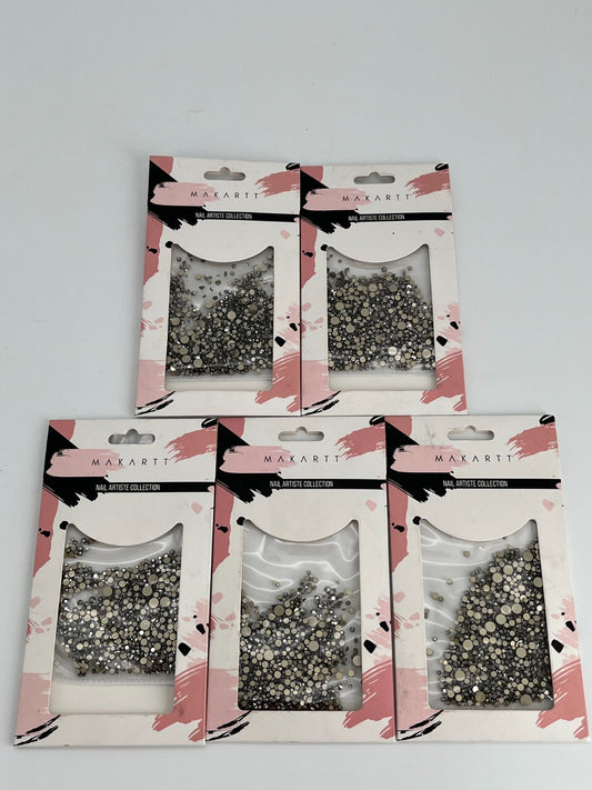 Nail Art Rhinestones, Silver Flatback Gems Mixed Sizes,  5- Packs