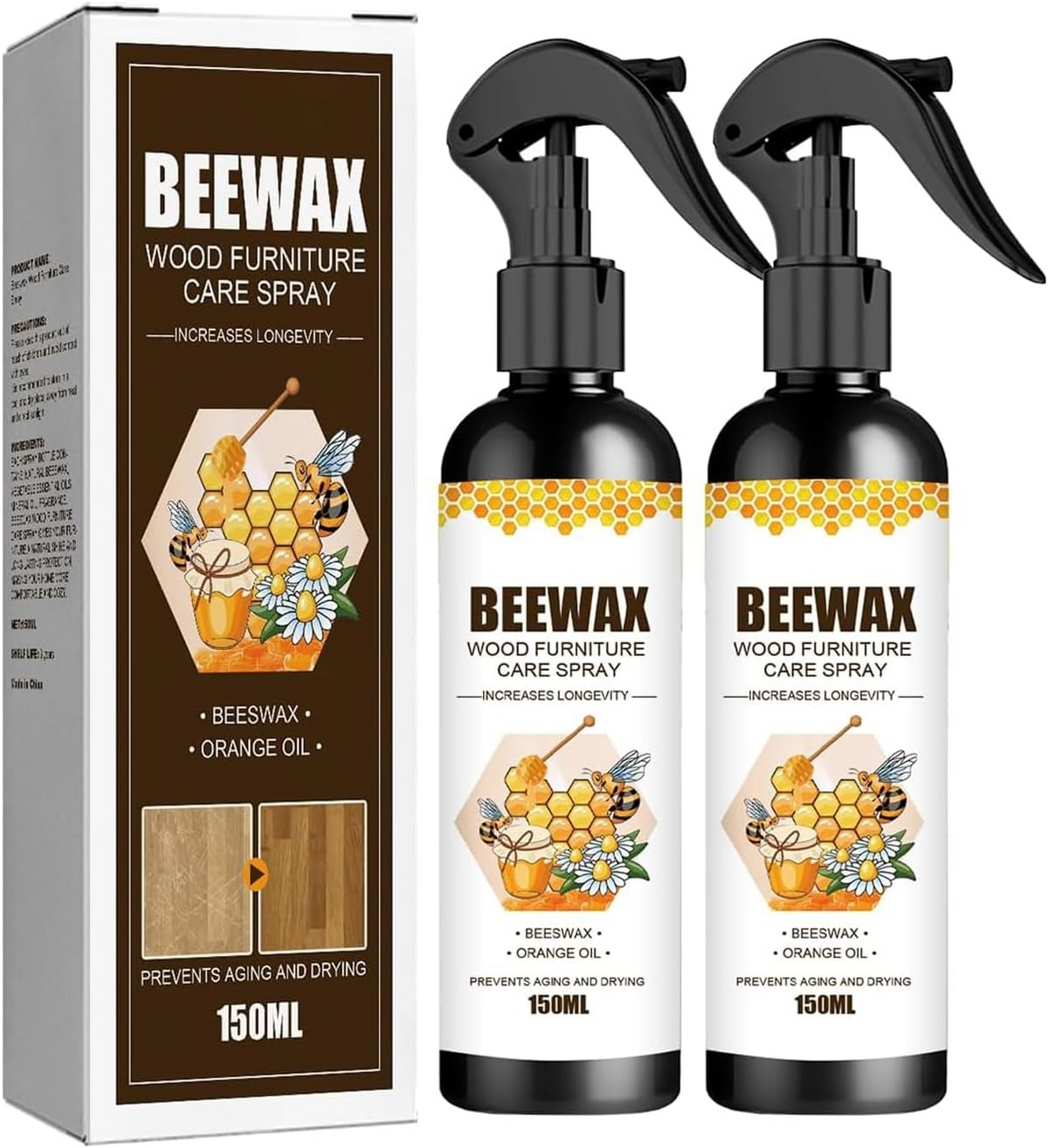 Pack Of 2: Wood Furniture Care Spray Beeswax Orange Oil Wood Polishing 150ml