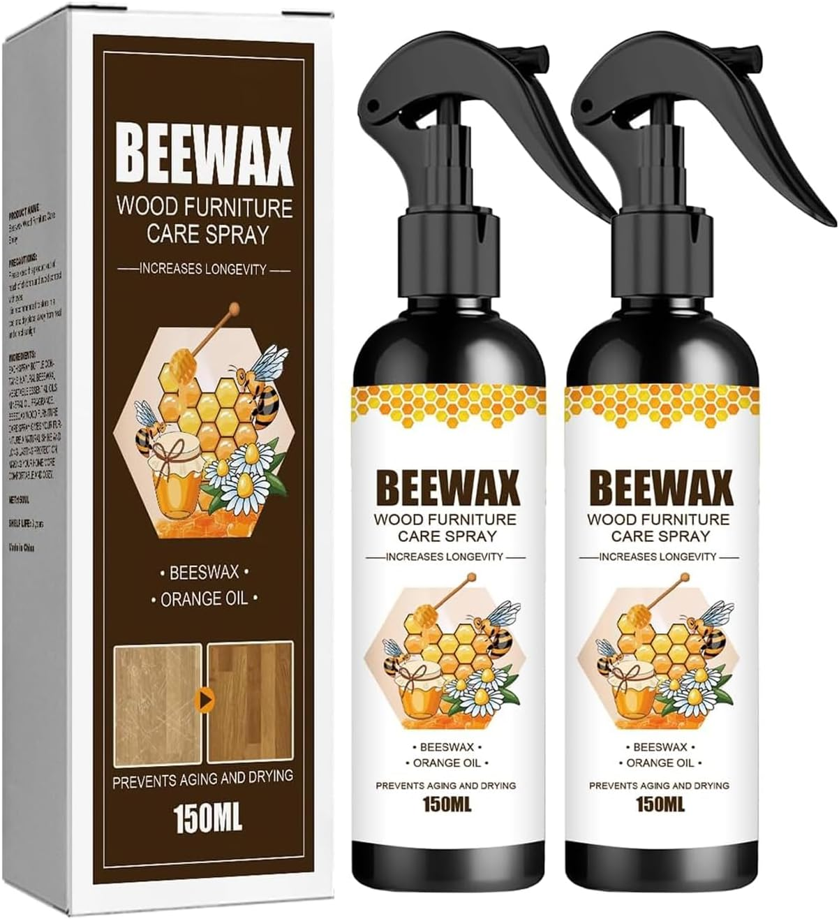 Pack Of 2: Wood Furniture Care Spray Beeswax Orange Oil Wood Polishing 150ml