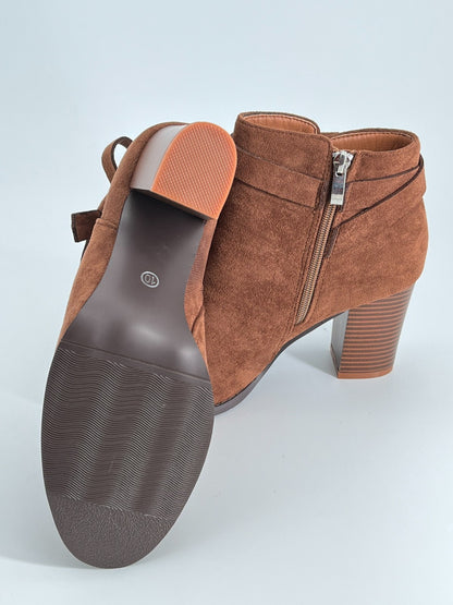 Women Bowknot Round Toe Short Boots Side Zipper Stacked Block High Heel Booties