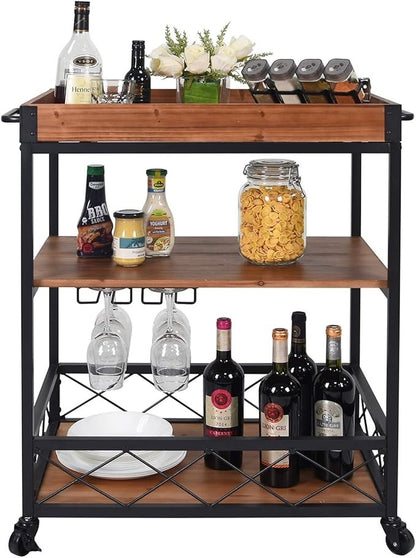CharaVector Solid Wood Bar Cart with Wine Rack & Locking Wheels – Rustic Brown