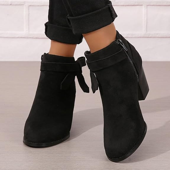 size10 Women's Tie Knot Ankle Boots Closed Toe Stacked Heel Fall Booties Shoes