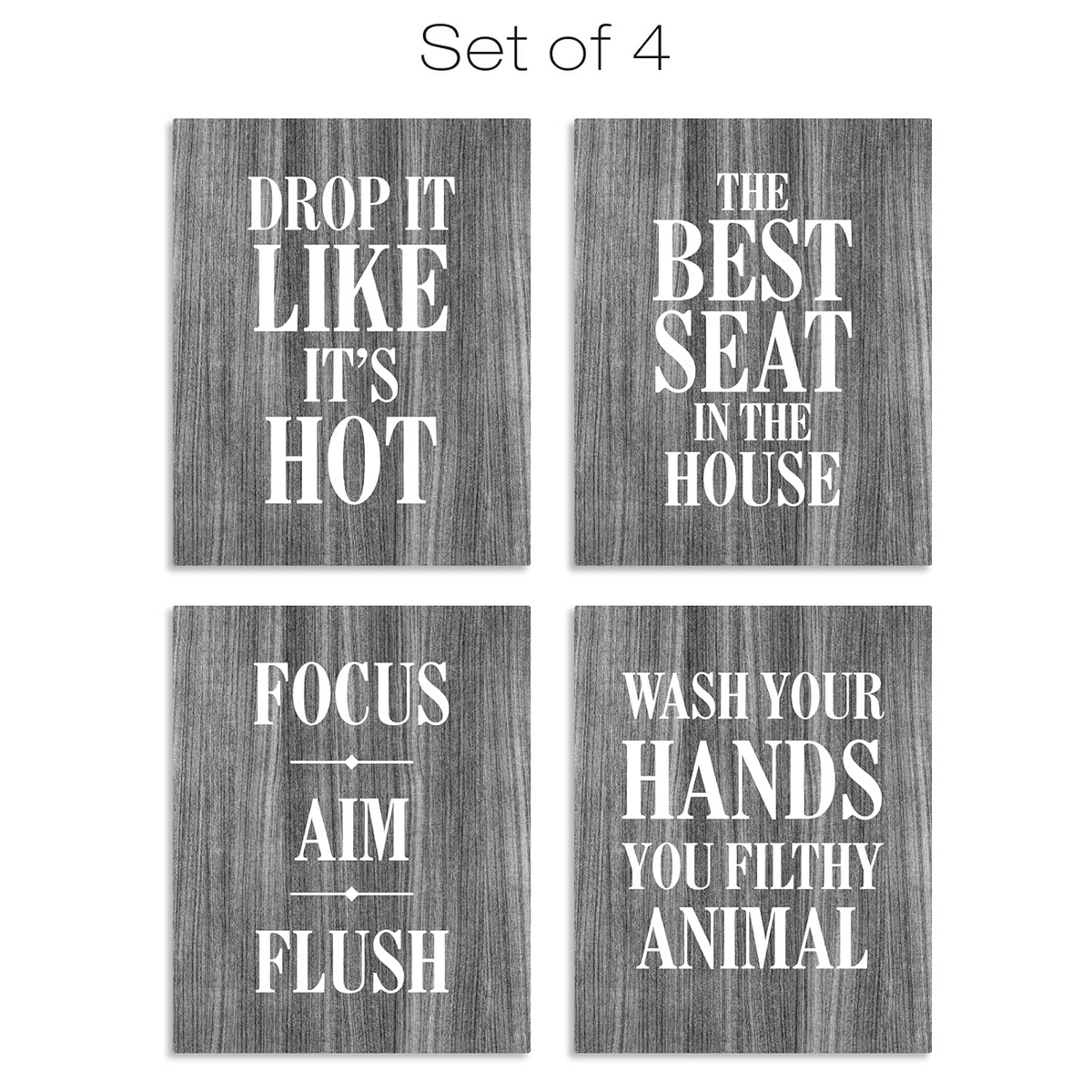Wooden Bathroom Humor Signs 8x10 Inches - Ready to Hang - Dark Gray - Pack of 4