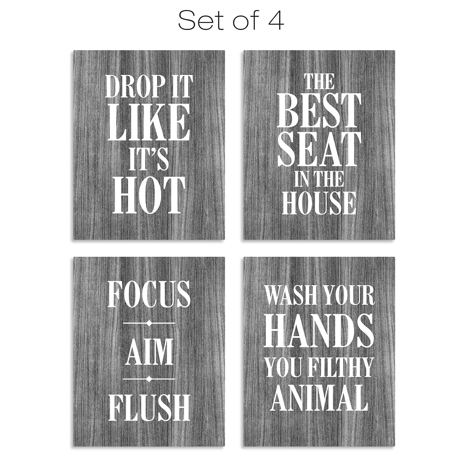 Wooden Bathroom Humor Signs 8x10 Inches - Ready to Hang - Dark Gray - Pack of 4
