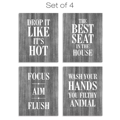 Wooden Bathroom Humor Signs 8x10 Inches - Ready to Hang - Dark Gray - Pack of 4