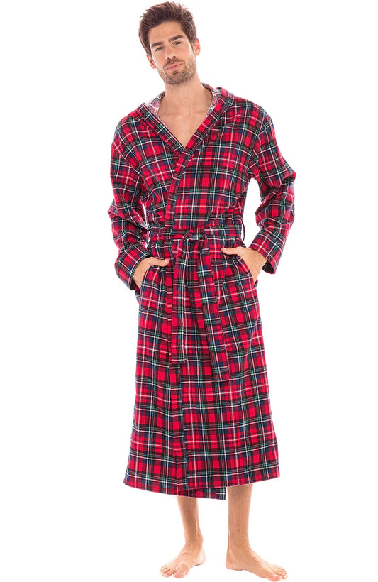 Men's Cotton Flannel Robe with Pockets, Hooded Bathrobe 3XL Color:Red Black Plai