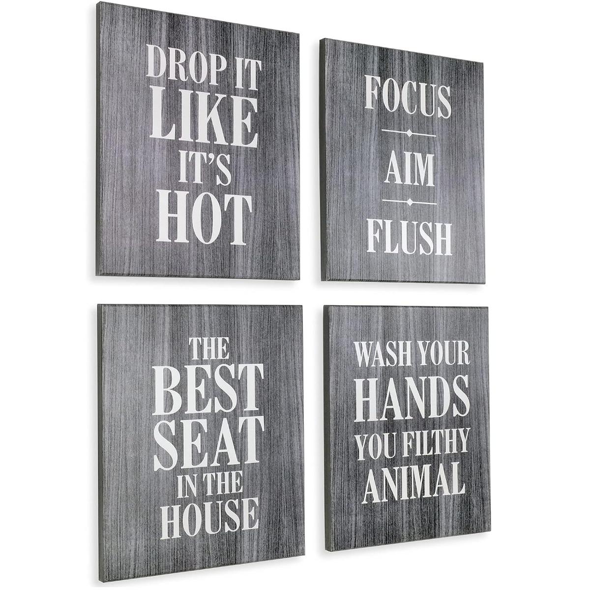 Wooden Bathroom Humor Signs 8x10 Inches - Ready to Hang - Dark Gray - Pack of 4