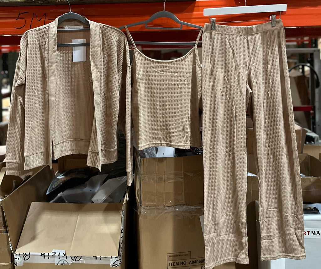 Women’s 3-Piece Knit Pajama Set – Shadow Beige, Size M