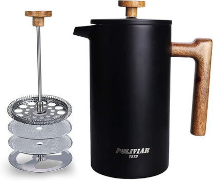 34oz French Press Coffee Maker, Wood Handle, Double Wall Steel