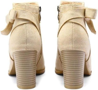 11 FYS Botas cortas de punta redonda con lazo para mujer, con cremallera lateral