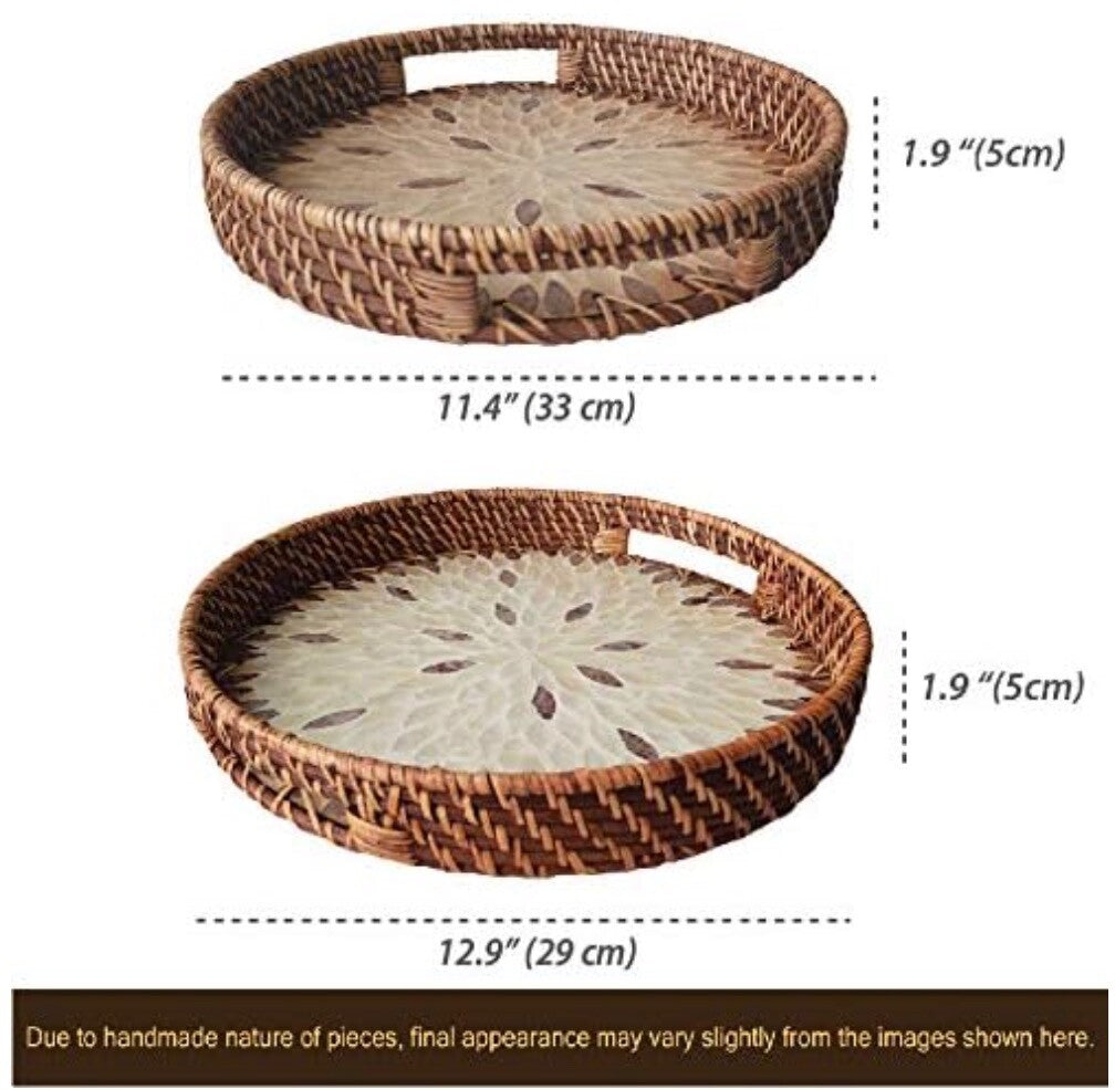 Round Rattan Tray with Mother of Pearl Inlay, Serving Leaf
