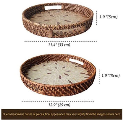 Round Rattan Tray with Mother of Pearl Inlay, Serving Leaf