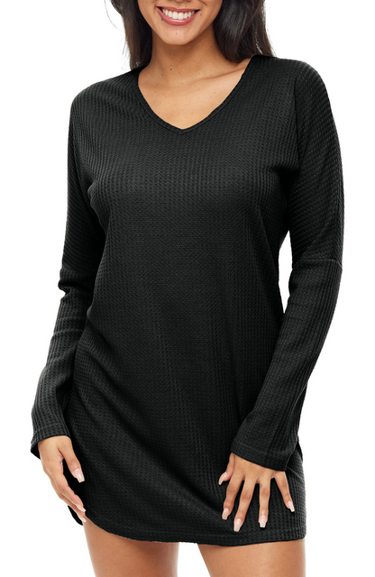 Women's Long Sleeve Knit Nightshirt, V-Neck Sleepshirt, Pajama Top black L