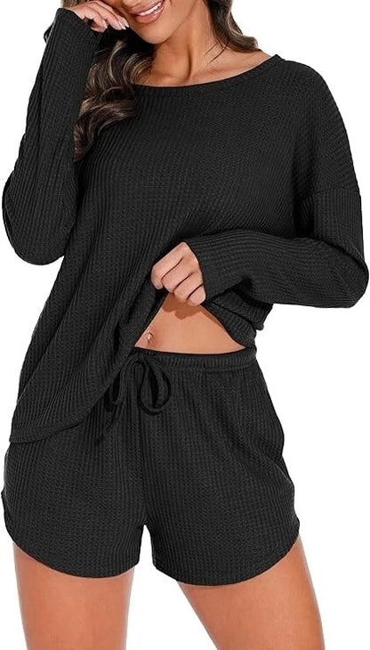 Women's Knit Pajamas Set, Long Sleeve Top and Pajama Shorts,Color:Black,Size:XL.