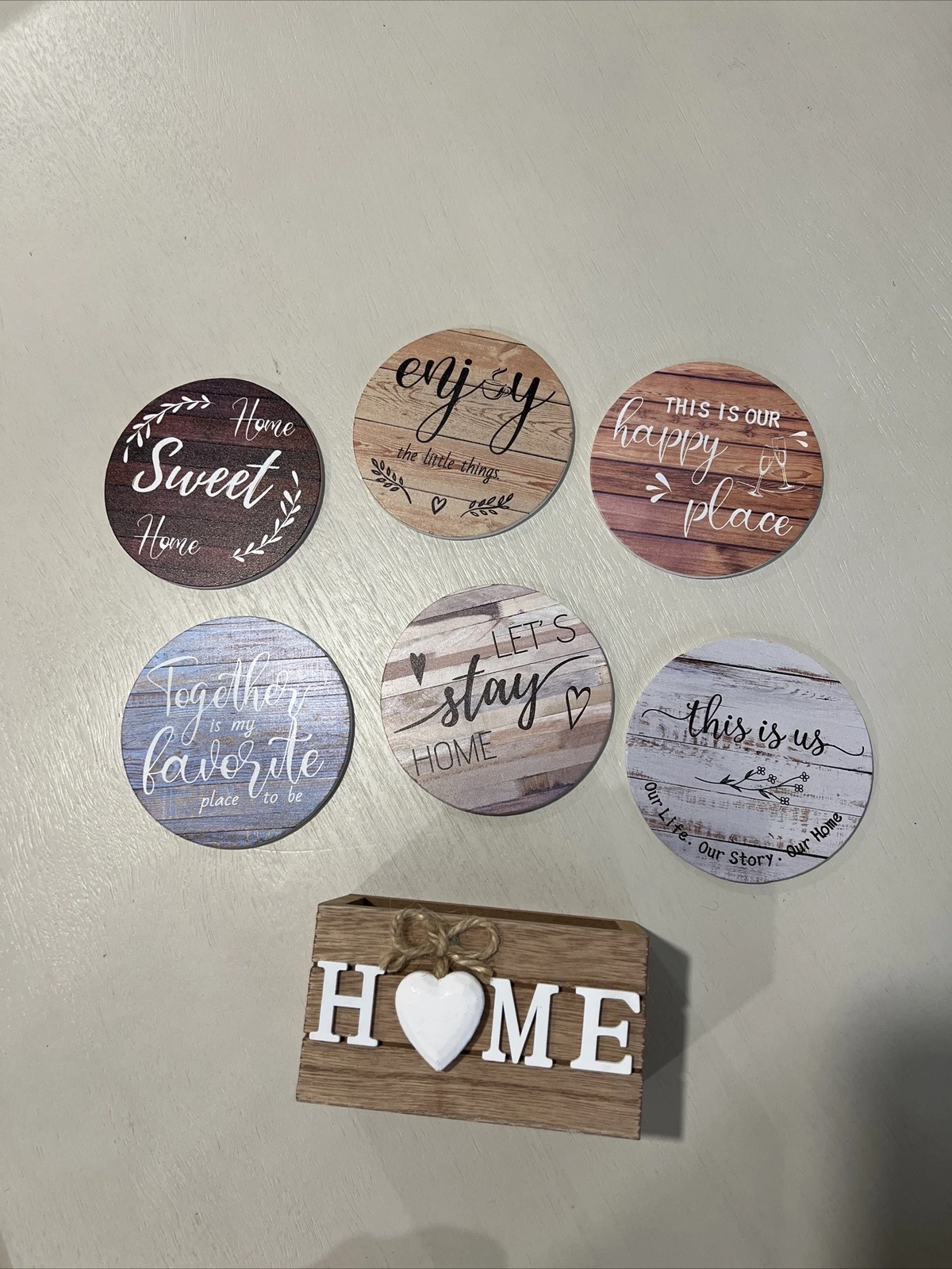 Rustic Sturdy Wooden Heart Coasters - Set of 6 with Holder - Protects Furniture