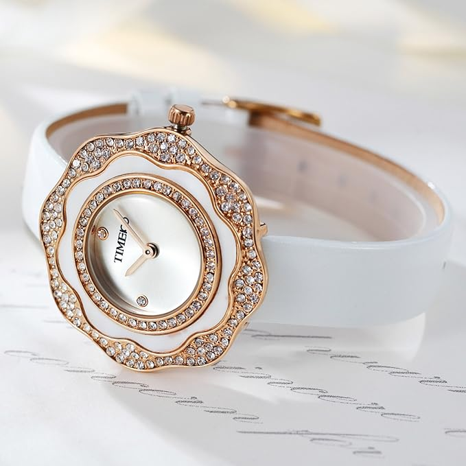Women Leather Band Wrist Watch, Plum-Shaped Pearl Bezel Diamond-Set Waterproof Q