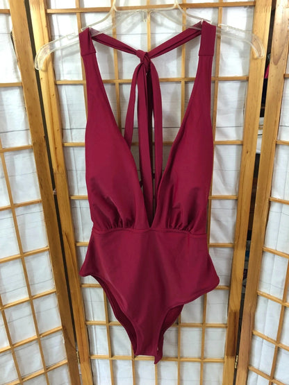 Red Polyester Blend Plunging V-Neck Halter Swimsuit Size S
