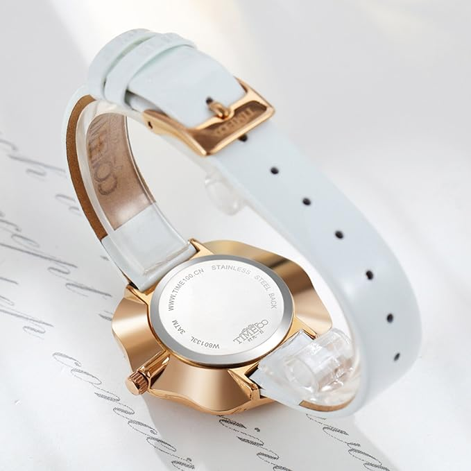 Women Leather Band Wrist Watch, Plum-Shaped Pearl Bezel Diamond-Set Waterproof Q