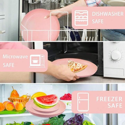 Pink Dishes For 4, Plates And Bowls Sets, Reusable Plastic Plates, Microwave