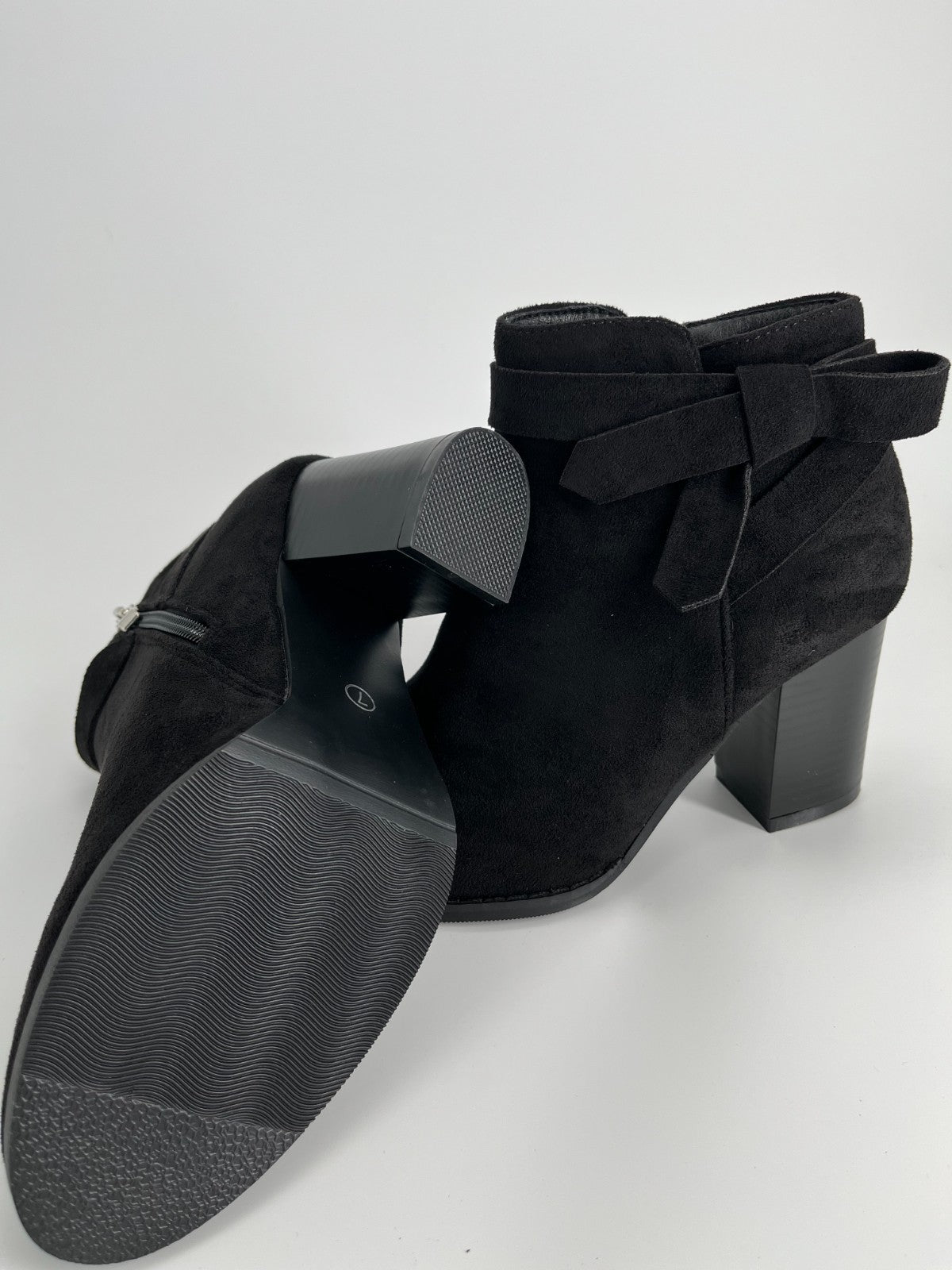 Women’s Black Suede Ankle Booties, Chunky High Heel, Side Zipper, Size 7