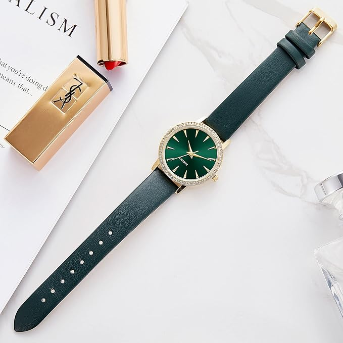 Japanese Quartz Fashion Waterproof Wrist Watch Women Crystal Dial Leather green