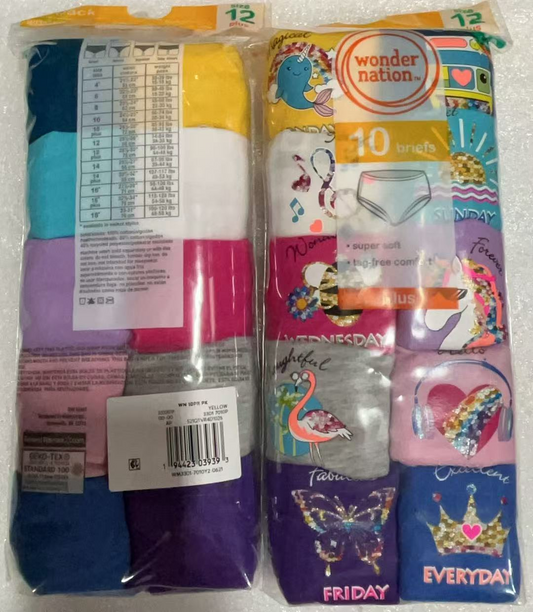 20PCSWonder Nation 10 Pack Girls Briefs/Panties Size 1 2Multi Color