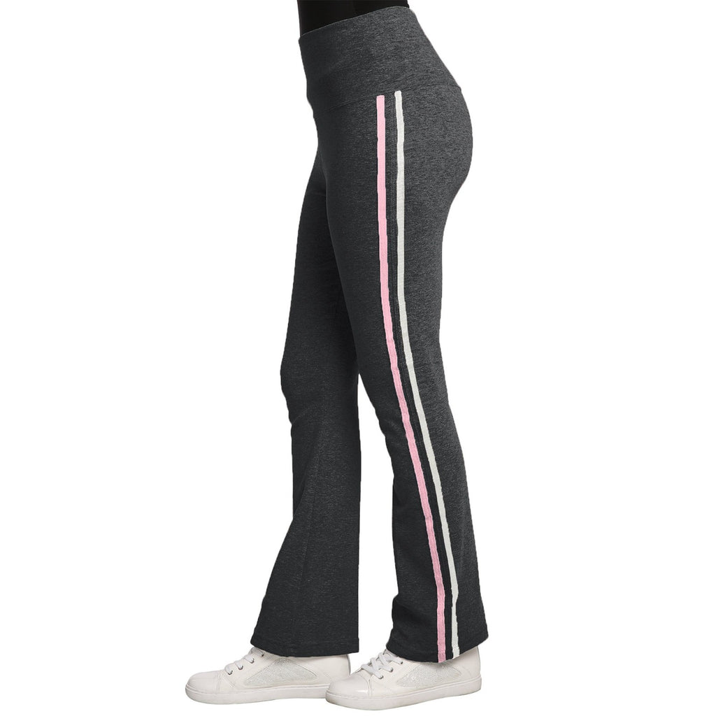 Womens Stretch Rib Sweatpants High Waist Contrast Color Seam Stripes  Color:Char