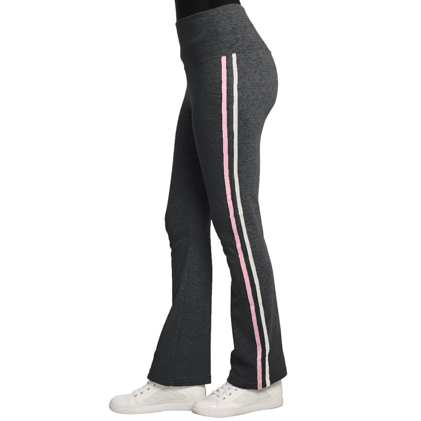 Womens Stretch Rib Sweatpants High Waist Contrast Color Seam Stripes  Color:Char