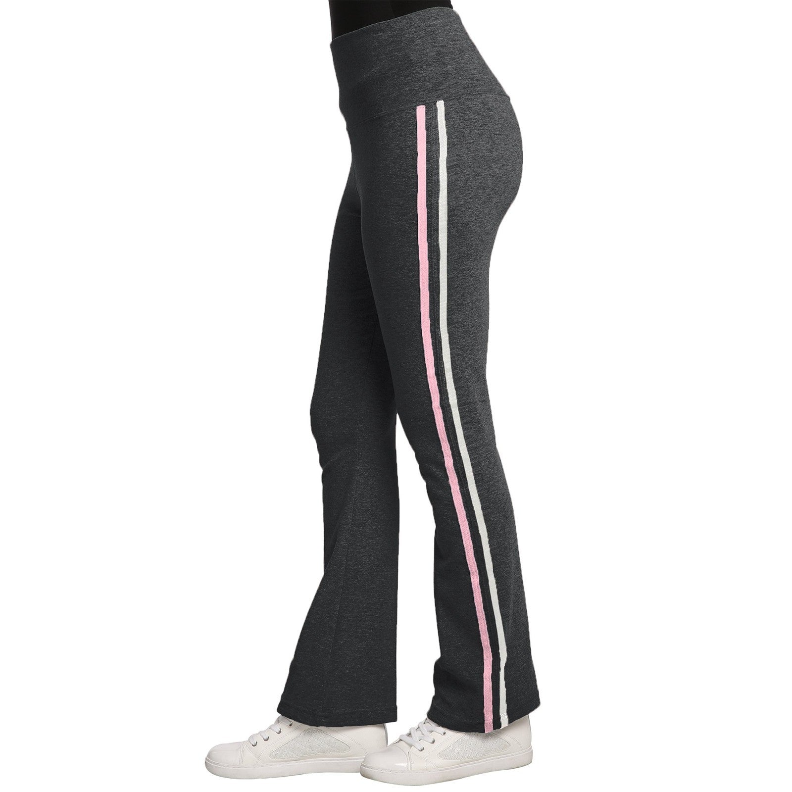 Womens Stretch Rib Sweatpants High Waist Contrast Color Seam Stripes  Color:Char