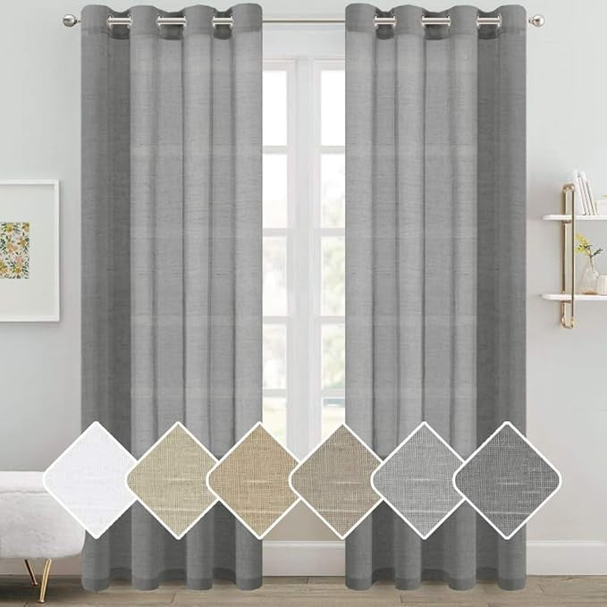 2-Pack Gray Semi-Sheer Curtains, 52×96”, Linen Look, Grommet Top..