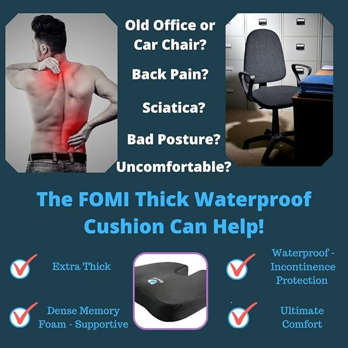 Orthopedic Memory Foam Seat Cushion, Water-Resistant, 18”x16”x3.5”, Black