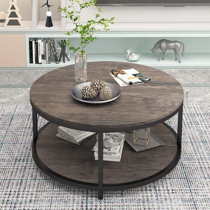 NSdirect 36" Round Coffee Table with Storage Shelf – Light Walnut
