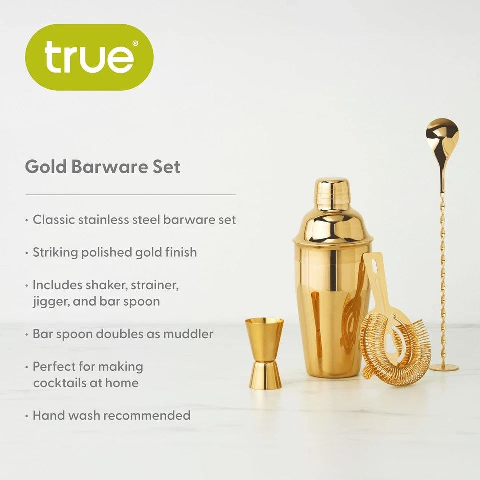 NEW Stainless Steel Barware Set by True Set of 4 shaker, spoon, jigger, strainer