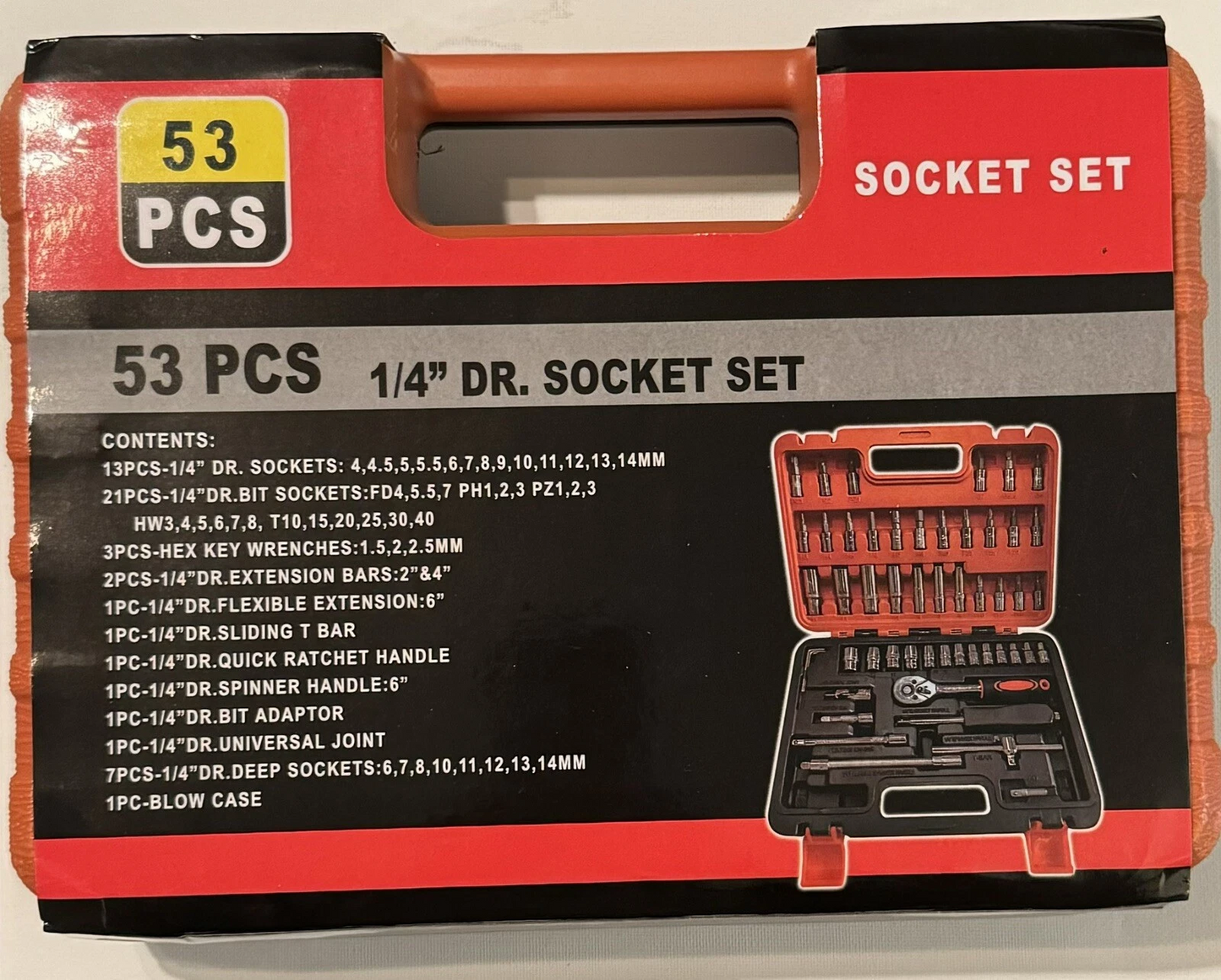 53 Piece 1/4” Dr. Socket Set, Bits, Hex Key Wrenches, Ratchet, Metric, Deep, New