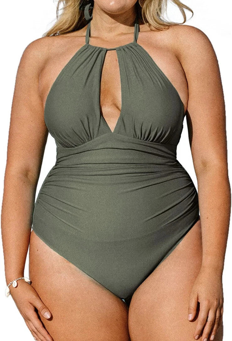 2XL Women Ruched Cutout Halter Self Tied Bathing Suit olive gree