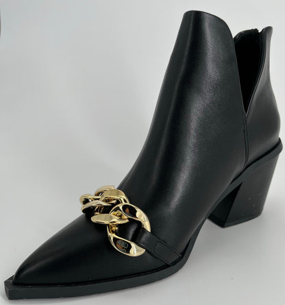 Black Women’s Pointed Toe Chunky Heel Western Ankle Boots with Chain, Size 11