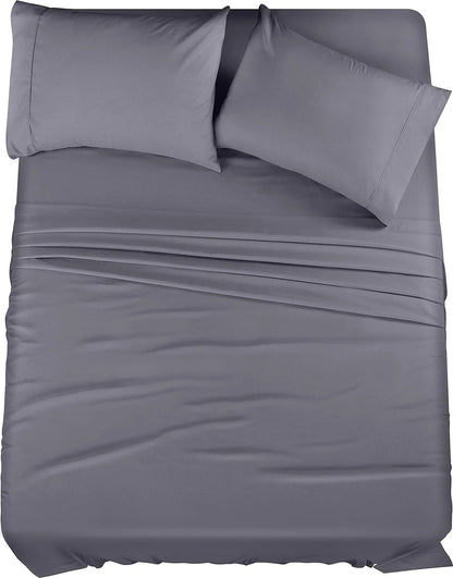Queen Bed Sheet Set – 1 Fitted Sheet, 1 Flat Sheet, 2 Pillowcases, Solid Gray