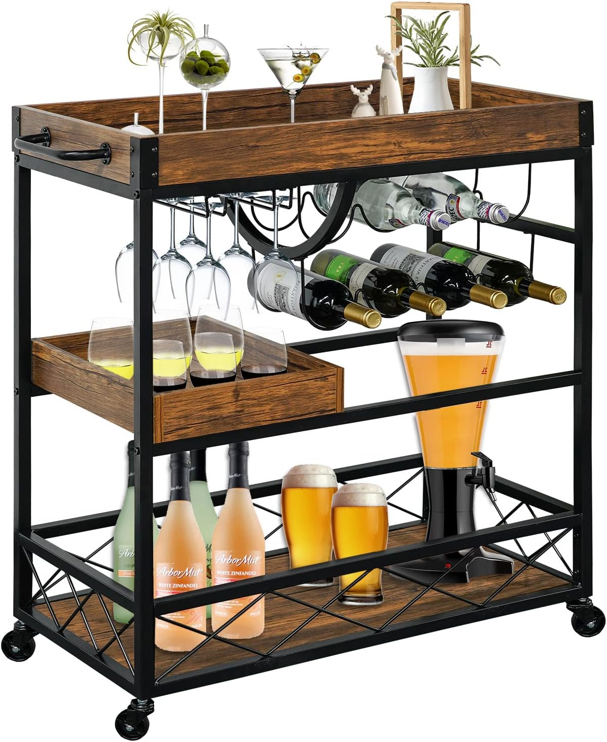 Bar Cart for the Home, 3 Tire Industrial Rolling Serving Cart on Lockable Wheels